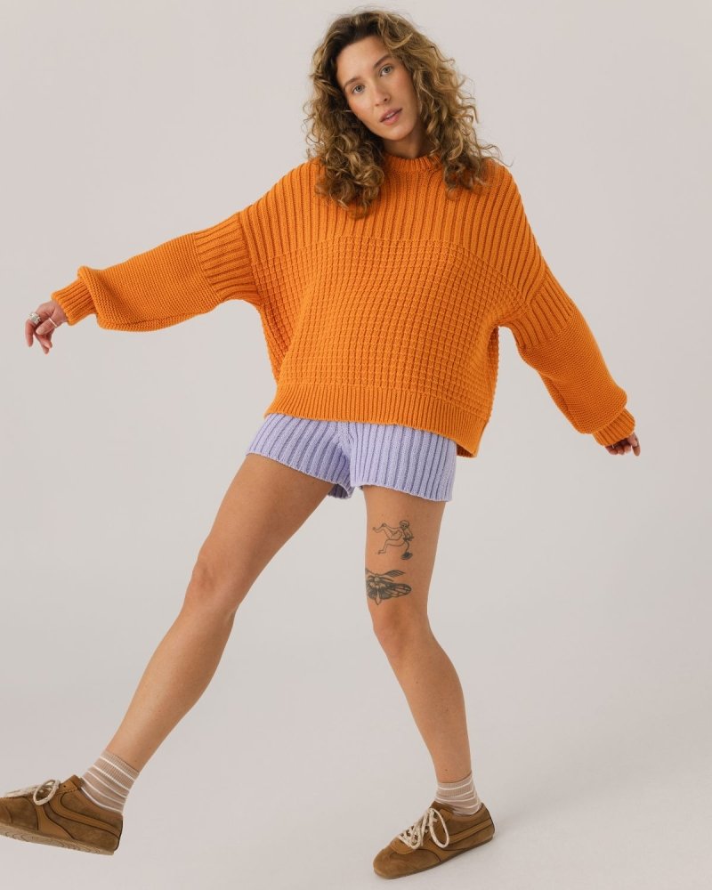 Delčia: Orange Cotton Sweater & Lilac Shorts Set
