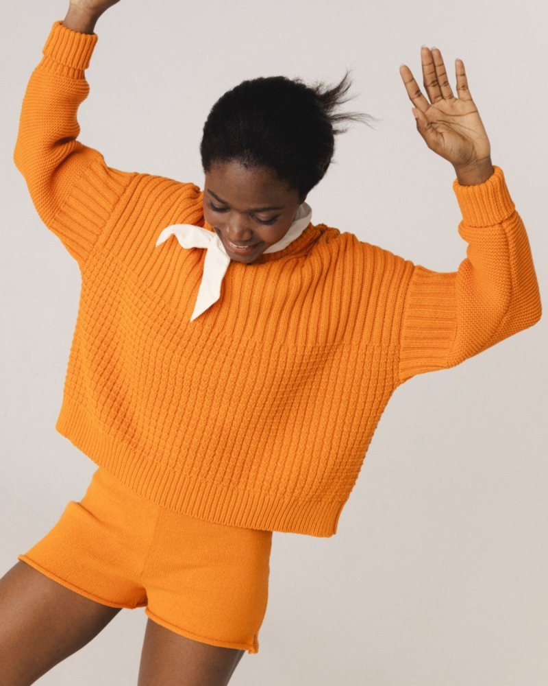 Delčia: Orange Cotton Sweater & Shorts Set
