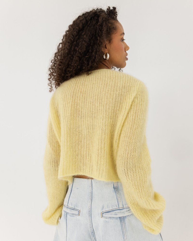 MOHAIR KNIT CARDIGAN（YELLOW） Hand Knit Mohair Cropped Cardigan - Yellow Bomber With 3/4 Sleeves